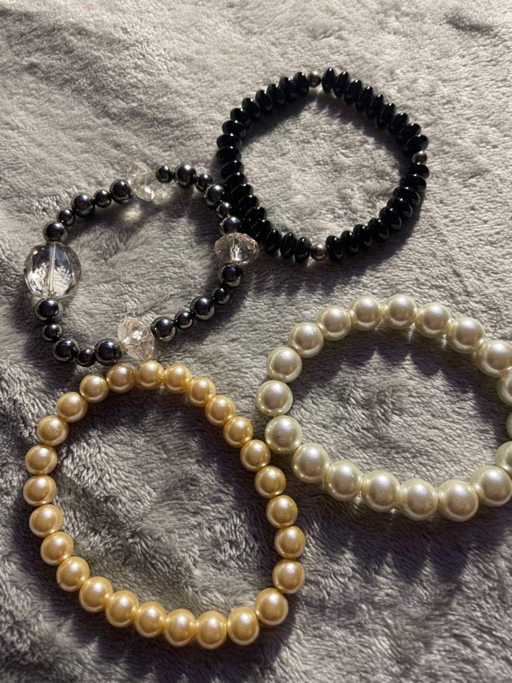 Pearl & Hematite Stretch Bracelet Set - Black, Cream, Gold